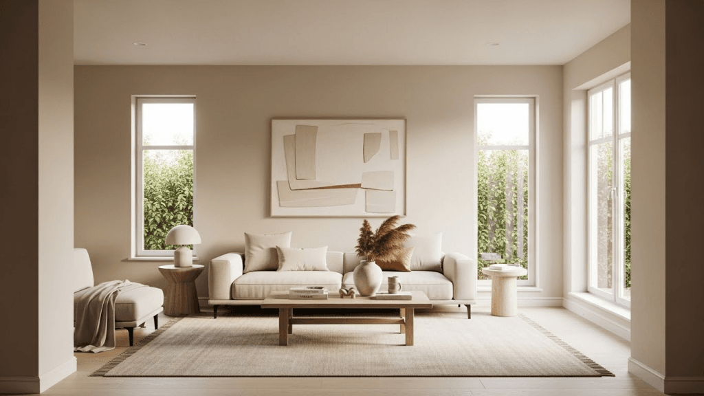 modern living room designs with warm neutral colors, beige sofa, and minimalist decor