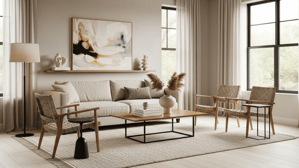 timeless modern living room design with minimalist furniture and cozy ambiance
