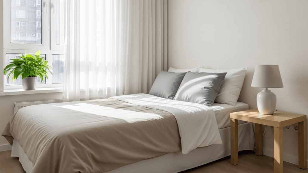 Bright Small Bedroom Design Ideas with large window, sheer curtains, and natural light enhancing an open and comfortable feel