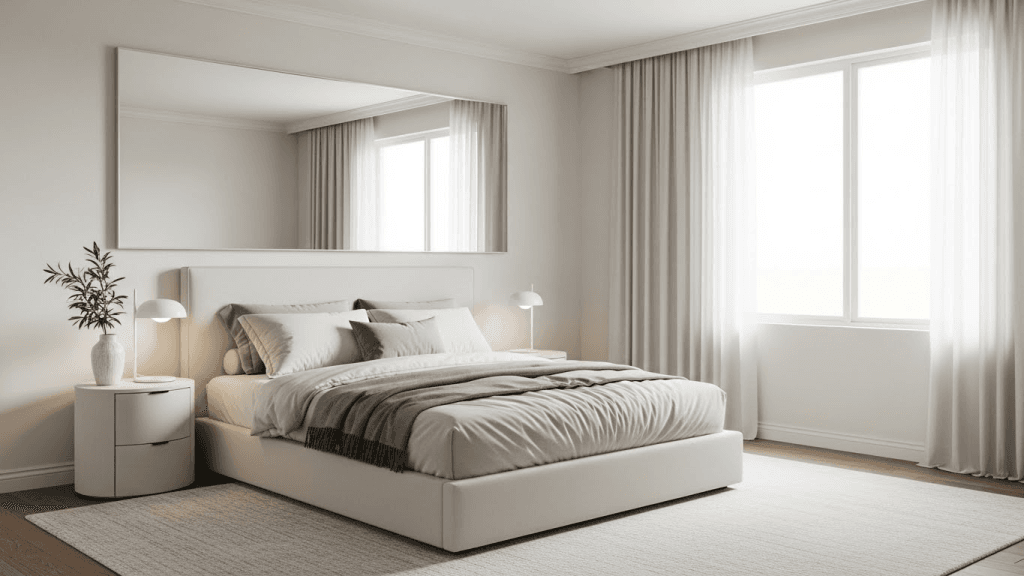 Small bedroom with large wall mirror reflecting light to visually expand the space