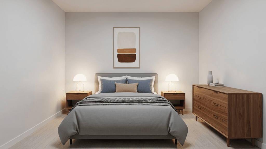 Small bedroom with simple functional layout, bed placed against wall and clear walking space