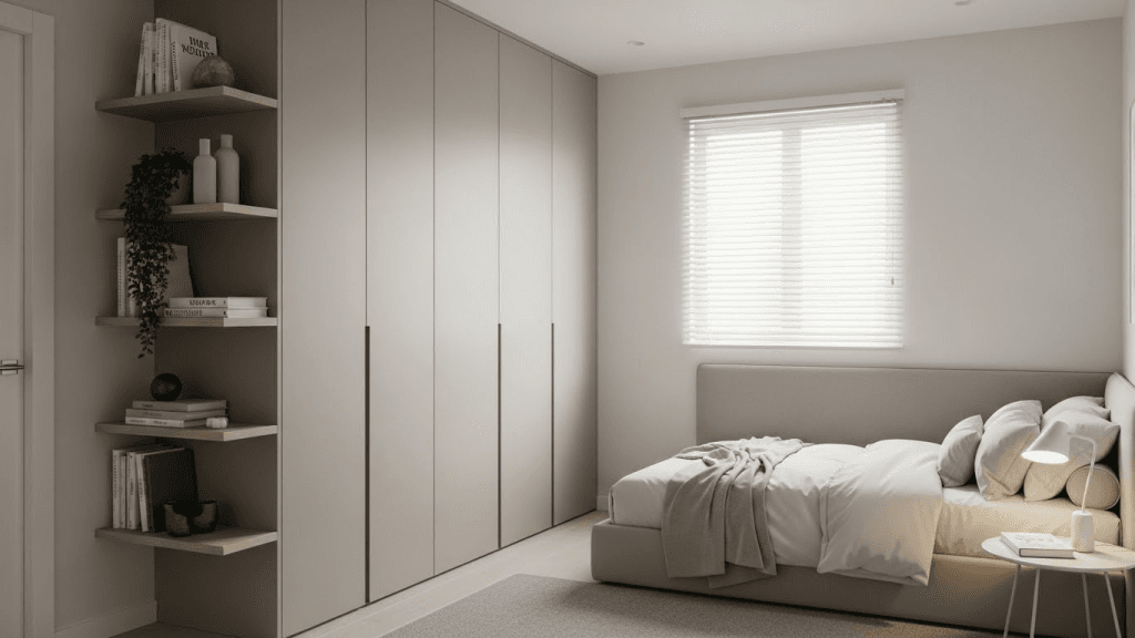 Small bedroom using vertical wall-mounted storage and tall shelves to maximize space