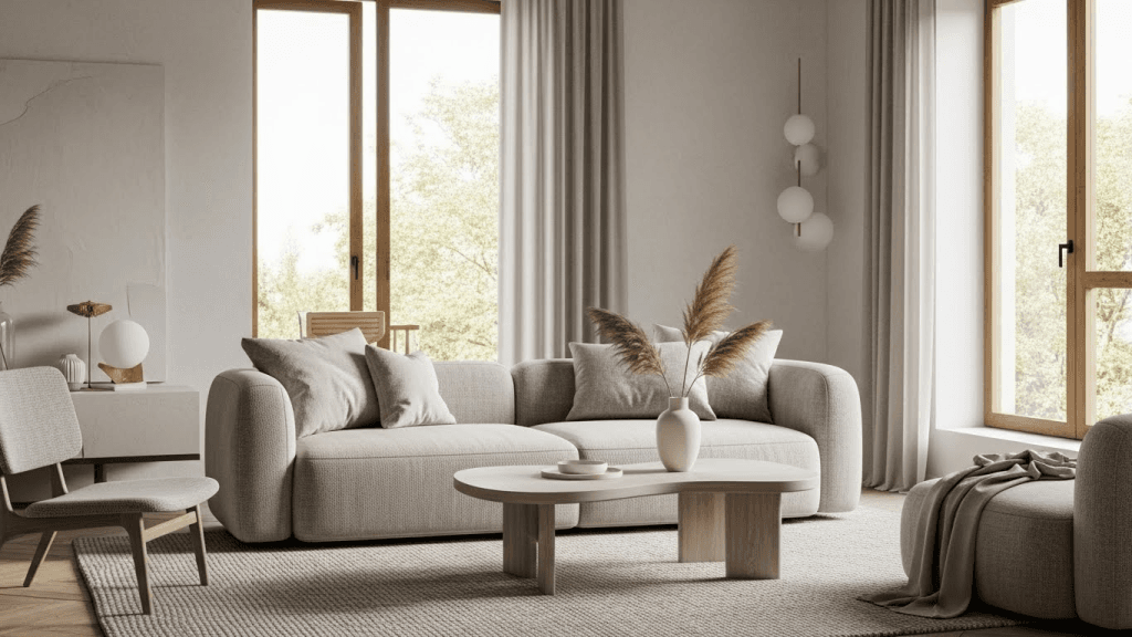 modern minimalist living room with clean lines and soft rounded sofa shapes
