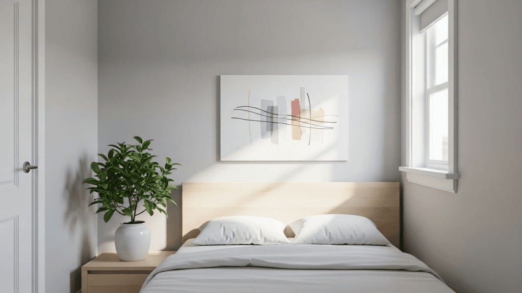 Small bedroom with minimal decor, simple wall art, and indoor plant for a clean modern look