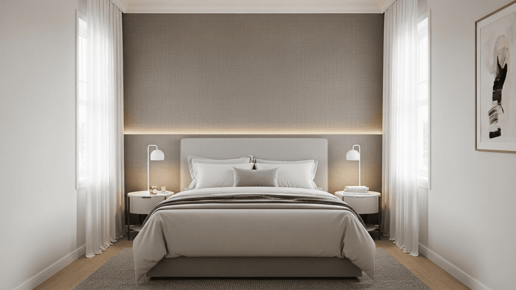 Small bedroom with subtle focal point using textured accent wall behind the bed