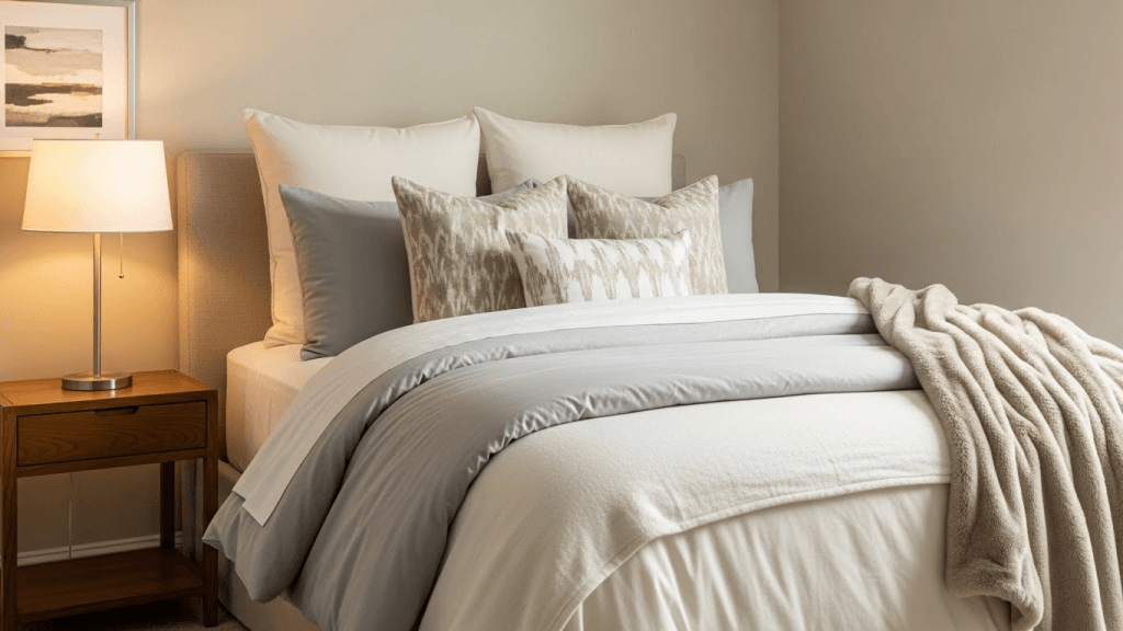 Small bedroom with luxury bedding, layered pillows, and soft textiles for a cozy and elegant look