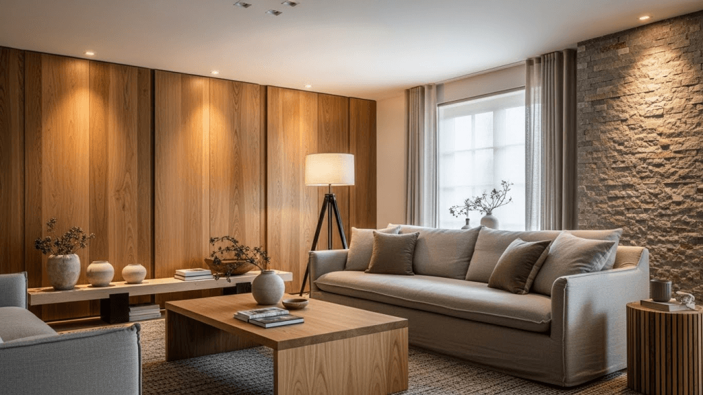 modern living room interior featuring natural wood furniture and warm textures
