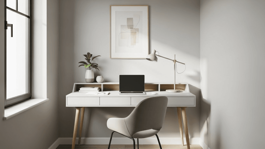 Small home office featuring a compact desk with clean and minimalist design