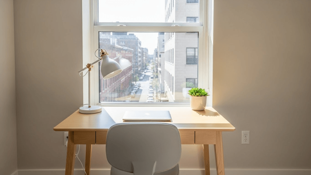 Small home office with desk near window and natural light creating a bright workspace