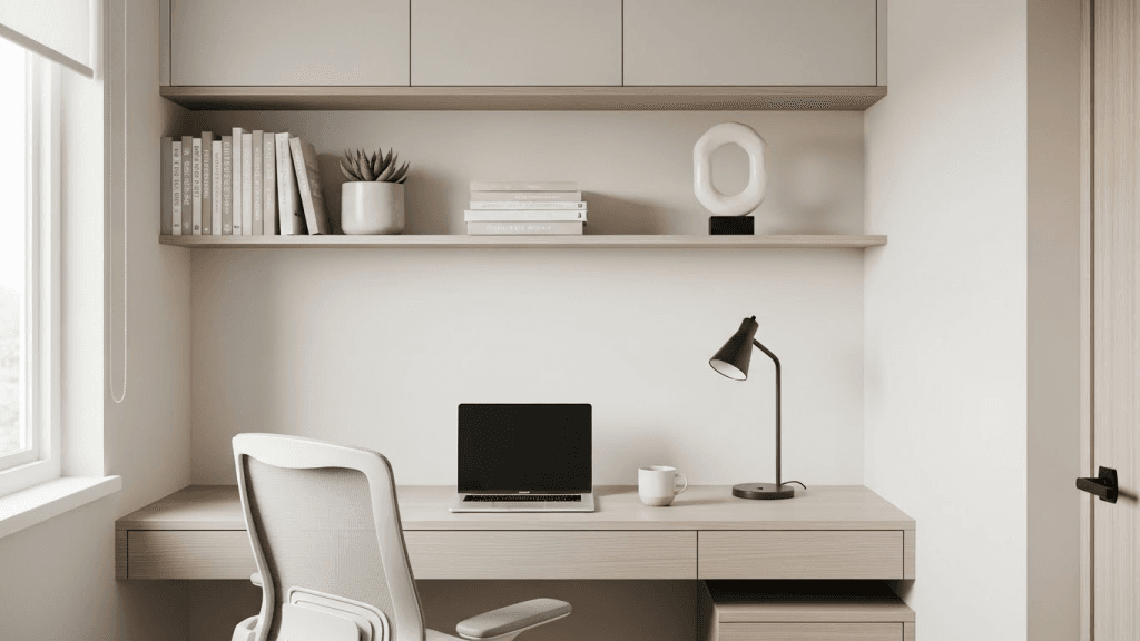 Small home office with vertical wall-mounted storage maximizing limited space