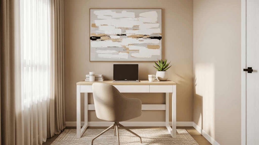 Small home office with light and neutral colors creating a calm and focused workspace