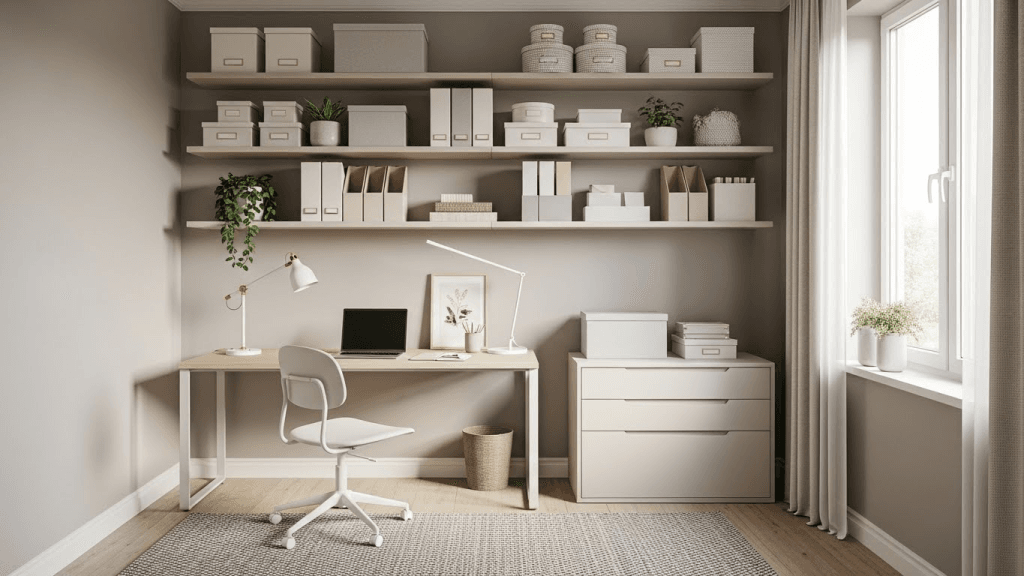 Small home office using decorative storage that doubles as functional decor