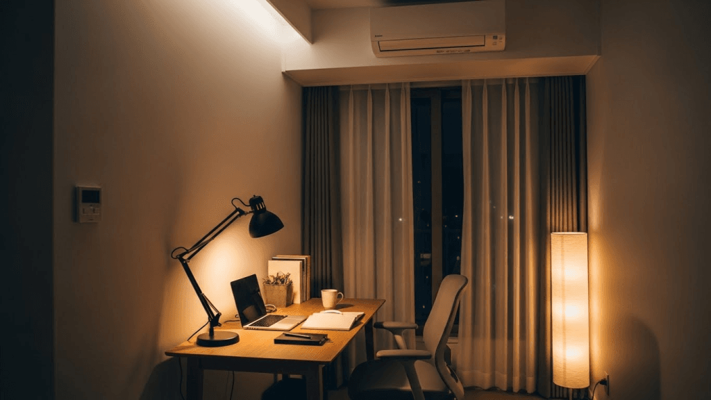 Small home office with layered lighting for a comfortable and productive workspace