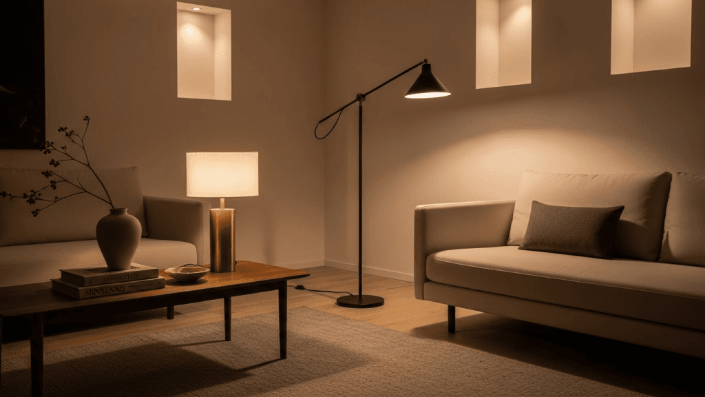 modern living room with warm ambient lighting and cozy minimalist atmosphere
