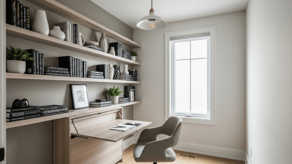 Small home office with built-in storage and foldable desk for flexible use