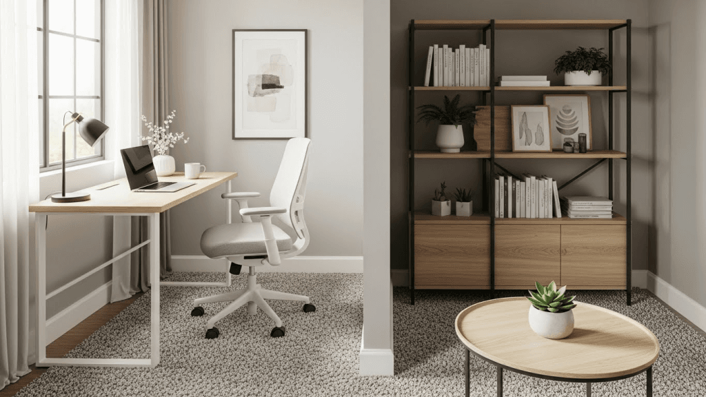 Small home office with visual boundary separating workspace from living area
