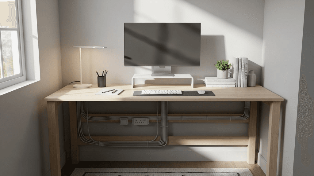 Small home office with hidden cables and clean desk setup for an organized look