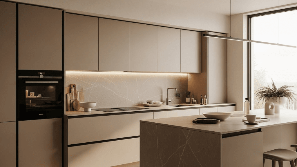 Modern kitchen featuring flat-panel cabinetry with clean lines, seamless storage, and neutral tones that create a minimalist and refined interior.