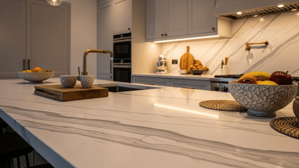 Modern kitchen interior showcasing natural stone countertops with subtle veining, adding texture and visual depth to a minimalist kitchen space.
