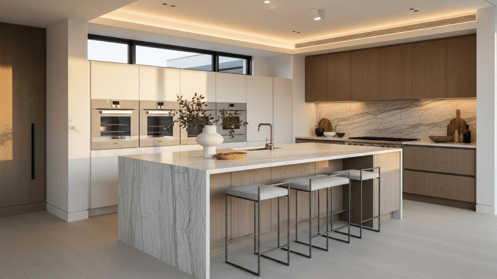 Contemporary kitchen design with a large central island, waterfall stone edges, and bar seating that supports effortless flow and casual gatherings.