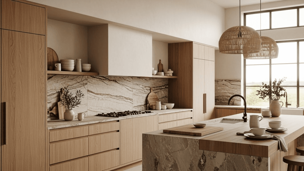 Modern kitchen interior using natural materials such as wood cabinetry and stone surfaces to create a warm, organic, and grounded space.