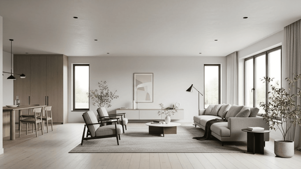 spacious modern living room with minimalist layout and open uncluttered space
