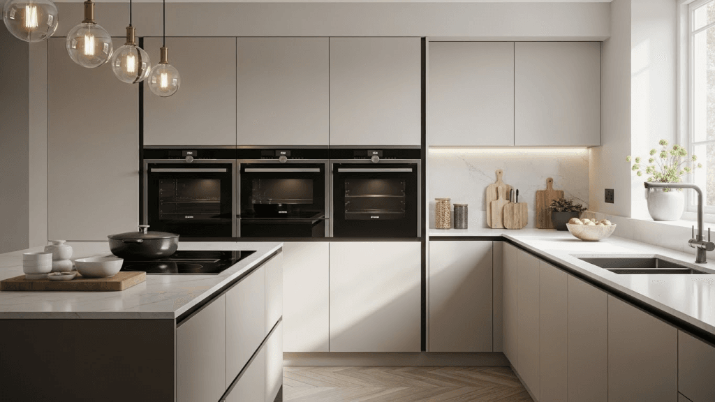 Modern kitchen design with integrated appliances hidden behind matching cabinetry for a seamless and clutter-free appearance.