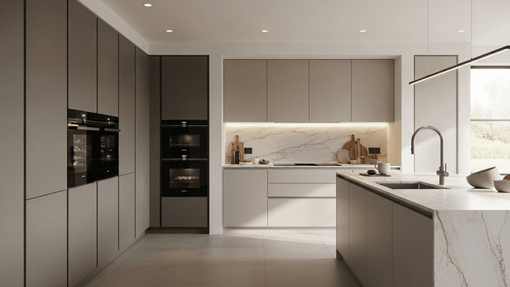 Open-plan modern kitchen with wide-plank wood flooring that enhances flow and creates a cohesive connection with surrounding living spaces.