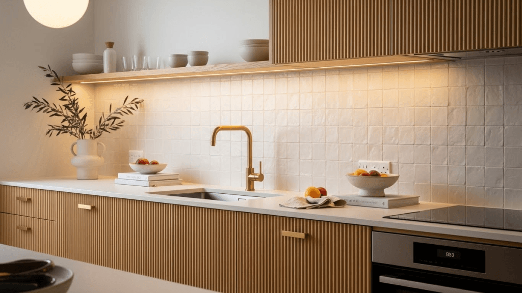 Close-up view of modern kitchen details featuring textured cabinet fronts, brushed metal fixtures, and subtle finishes for visual interest.
