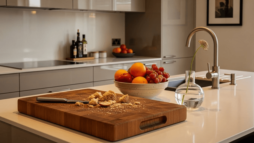 Styled modern kitchen countertop with simple accessories such as ceramic bowls and wooden cutting boards for a refined, lived-in look.