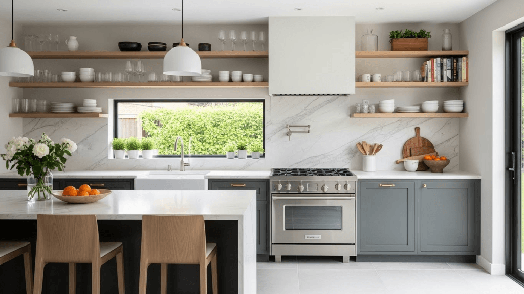 Minimalist modern kitchen with open shelving styled with curated ceramics and glassware, creating a clean and breathable kitchen aesthetic.