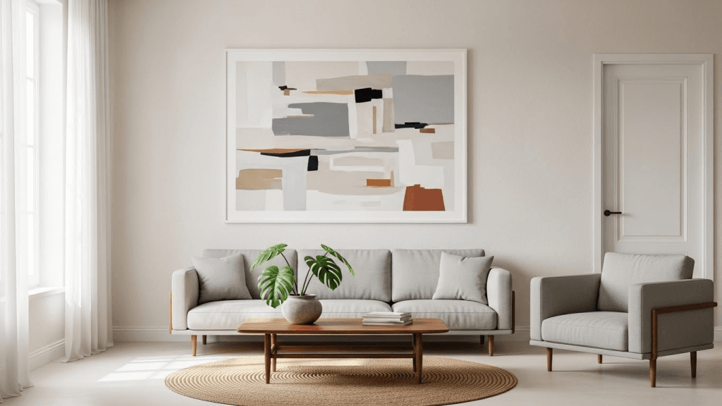 modern living room with large abstract wall art and minimalist interior style
